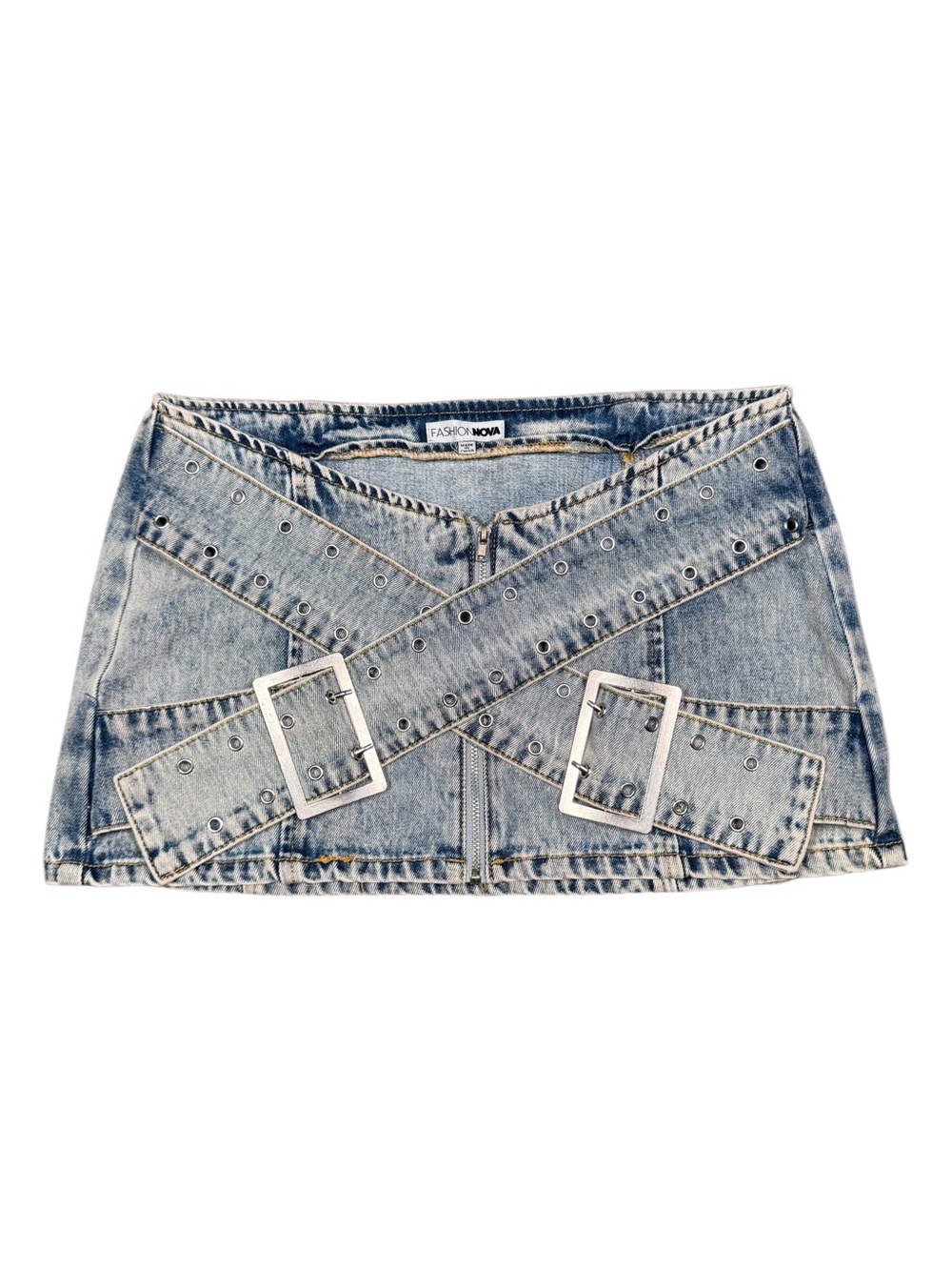 Fashion Nova Light Wash Denim Mini Skirt with Cross Buckle Straps